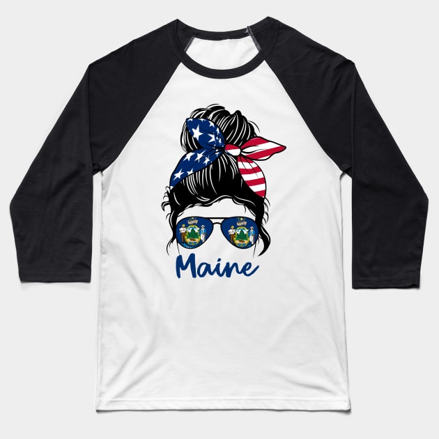 Maine girl Messy bun , American Girl , Maine Flag Baseball T-Shirt by JayD World